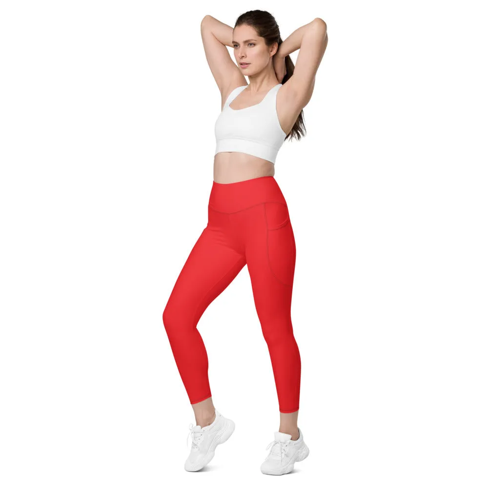 Red Women's Tights, Solid Color Best Yoga Pants With 2 Side Deep Long Pockets - Made in USA/EU/MX (US Size: 2XS-6XL)