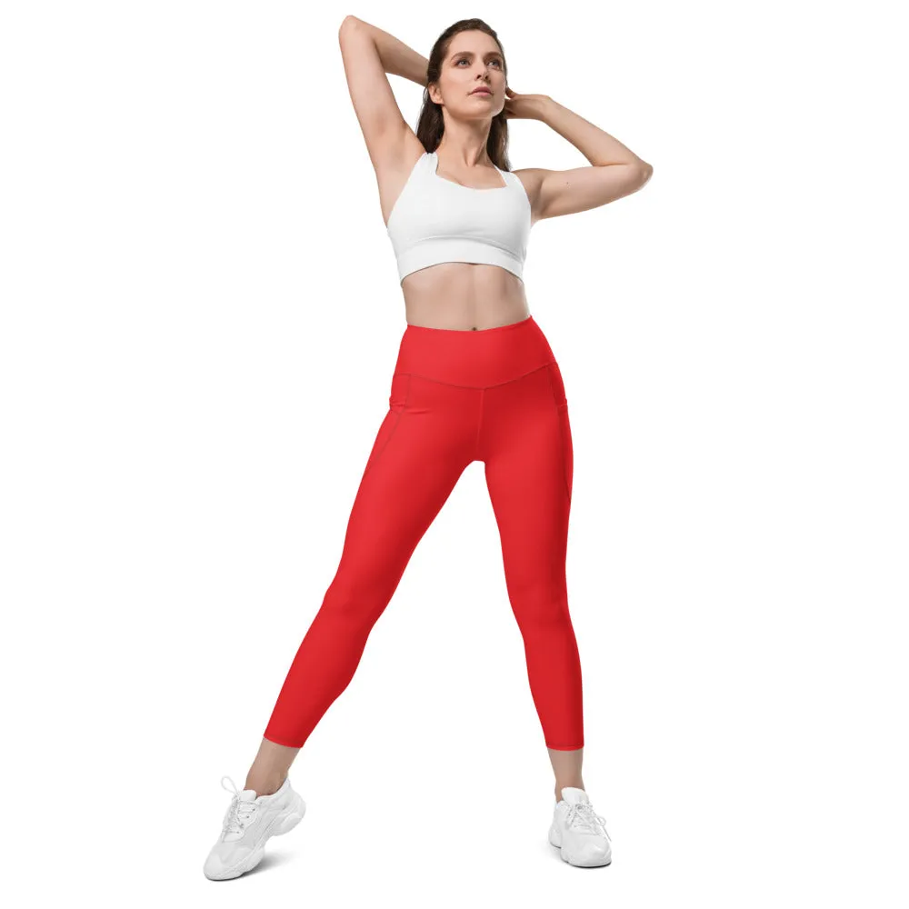 Red Women's Tights, Solid Color Best Yoga Pants With 2 Side Deep Long Pockets - Made in USA/EU/MX (US Size: 2XS-6XL)