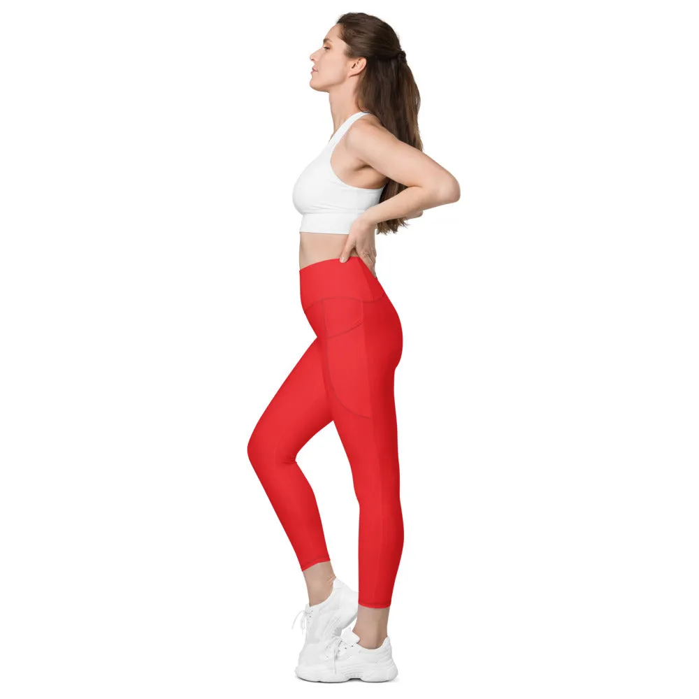 Red Women's Tights, Solid Color Best Yoga Pants With 2 Side Deep Long Pockets - Made in USA/EU/MX (US Size: 2XS-6XL)