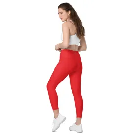 Red Women's Tights, Solid Color Best Yoga Pants With 2 Side Deep Long Pockets - Made in USA/EU/MX (US Size: 2XS-6XL)