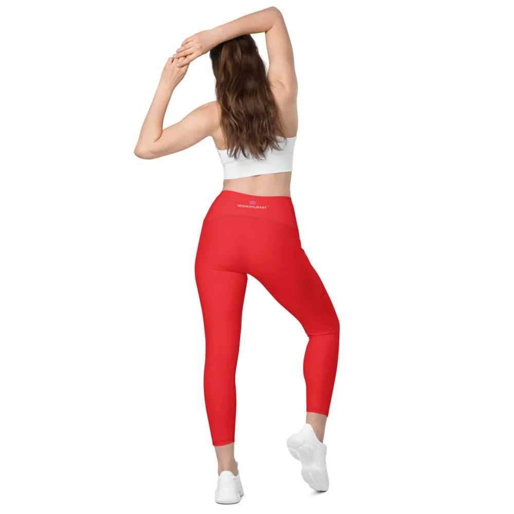 Red Women's Tights, Solid Color Best Yoga Pants With 2 Side Deep Long Pockets - Made in USA/EU/MX (US Size: 2XS-6XL)