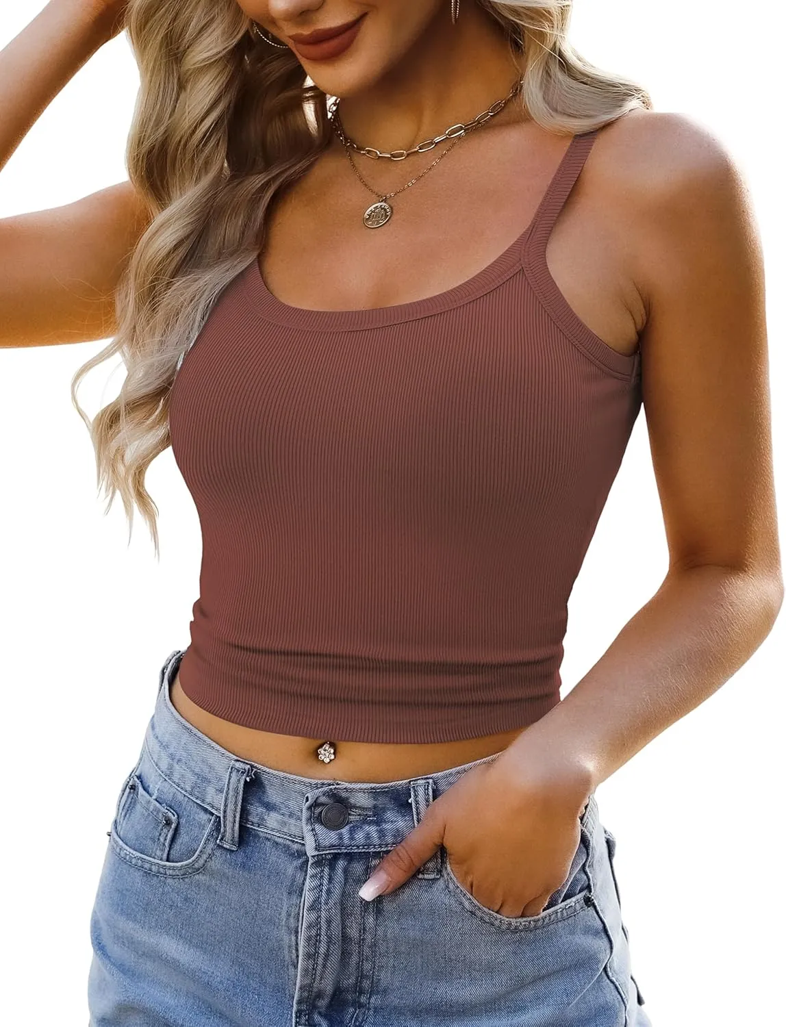 Ribbed Tank Tops for Women 2025 Spaghetti Strap Scoop Neck Slim Fitted Basic Sleeveless Casual Workout Cami Shirts