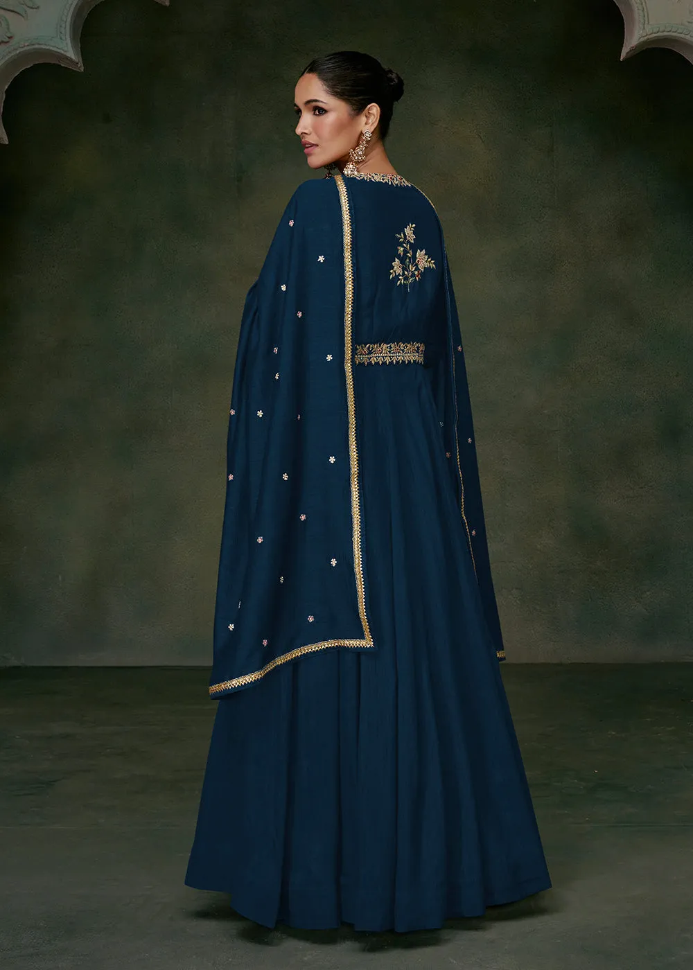 Sangeet Wear Blue Premium Silk Indian Anarkali Gown