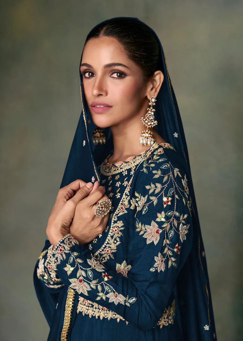 Sangeet Wear Blue Premium Silk Indian Anarkali Gown