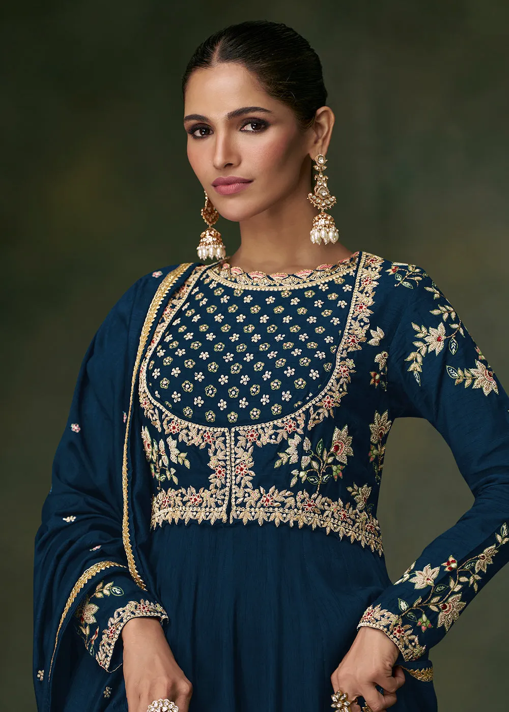 Sangeet Wear Blue Premium Silk Indian Anarkali Gown