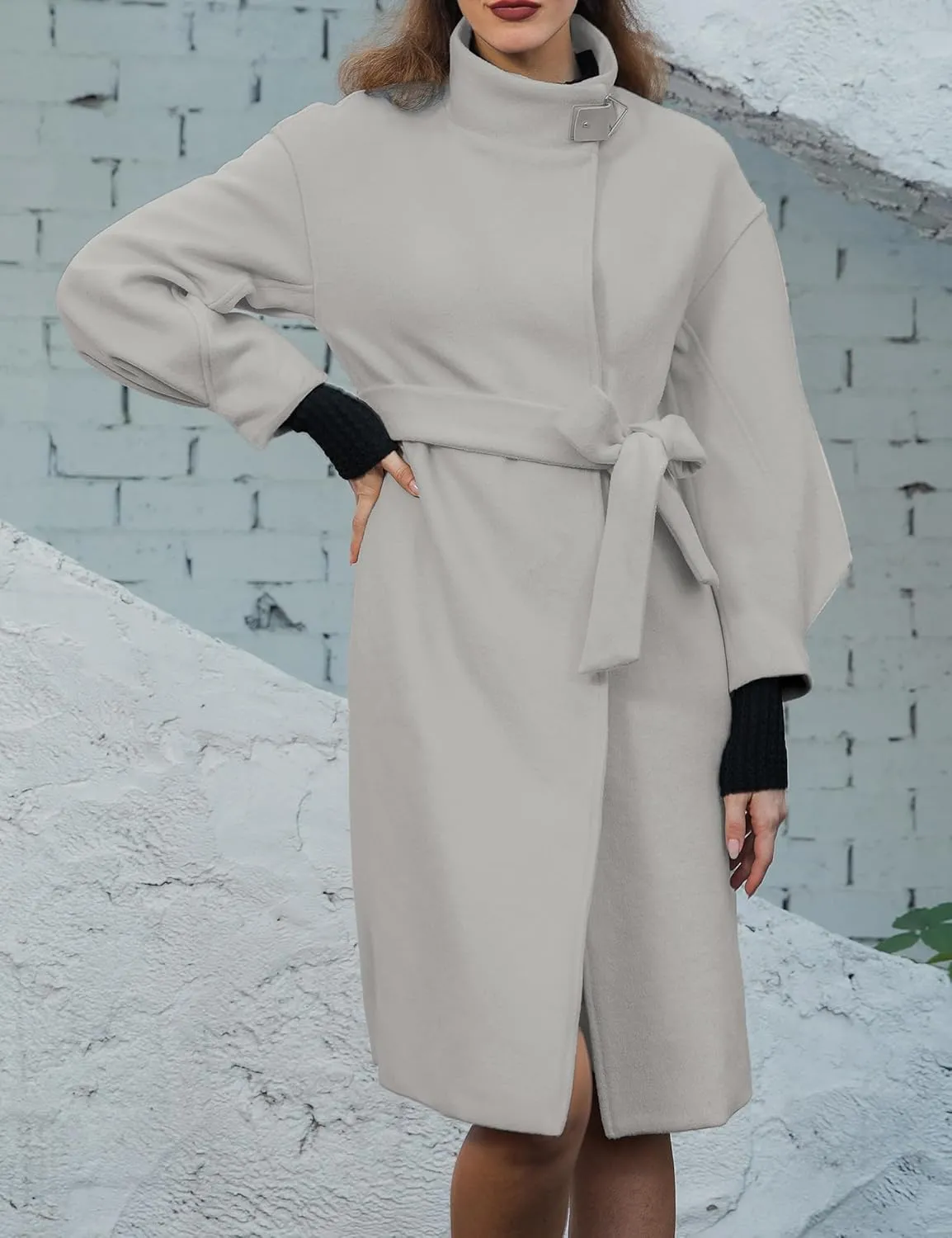SDEER Women's Long Wool Coat H shaped High Collar Puff Sleeve Peacoat Belted Trench Coats with Pockets