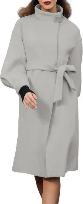 SDEER Women's Long Wool Coat H shaped High Collar Puff Sleeve Peacoat Belted Trench Coats with Pockets