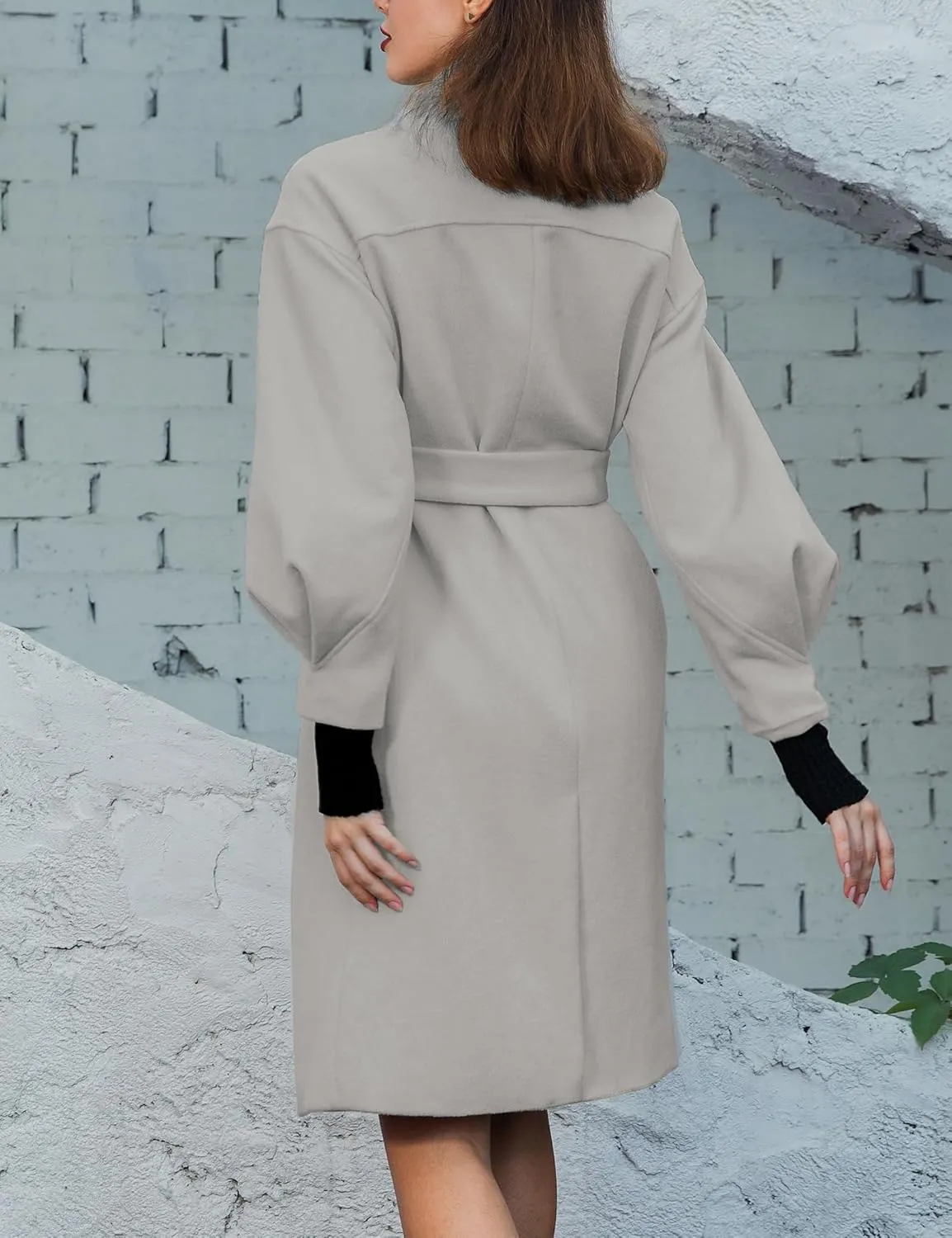 SDEER Women's Long Wool Coat H shaped High Collar Puff Sleeve Peacoat Belted Trench Coats with Pockets