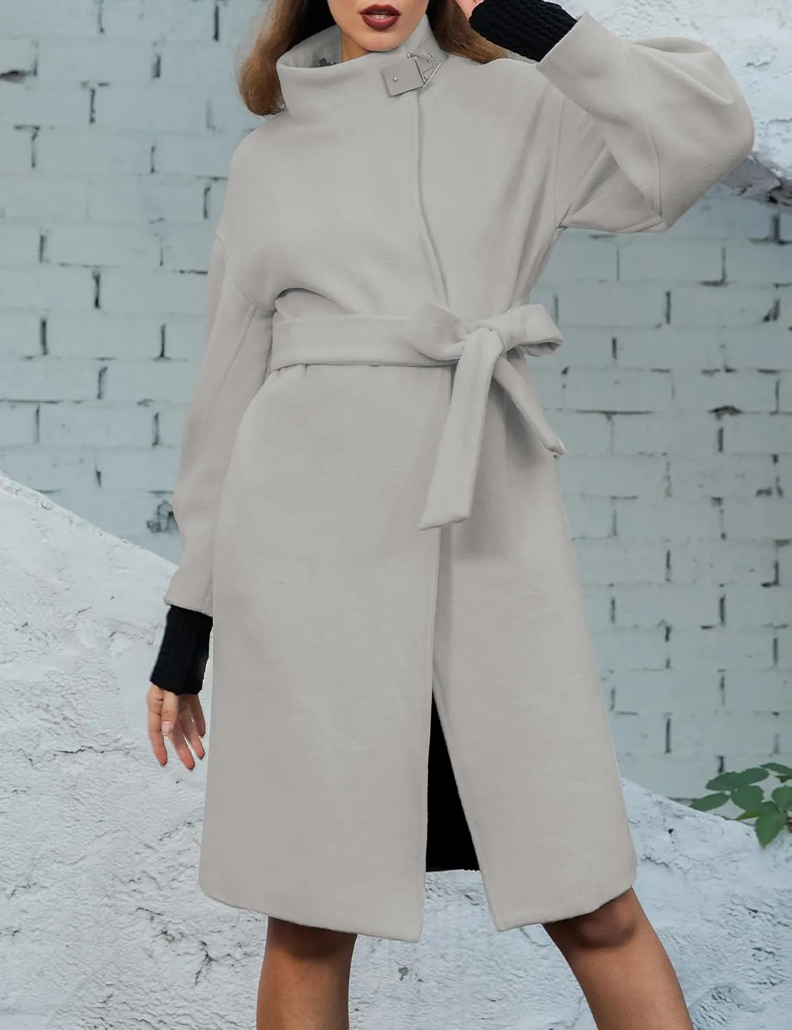 SDEER Women's Long Wool Coat H shaped High Collar Puff Sleeve Peacoat Belted Trench Coats with Pockets