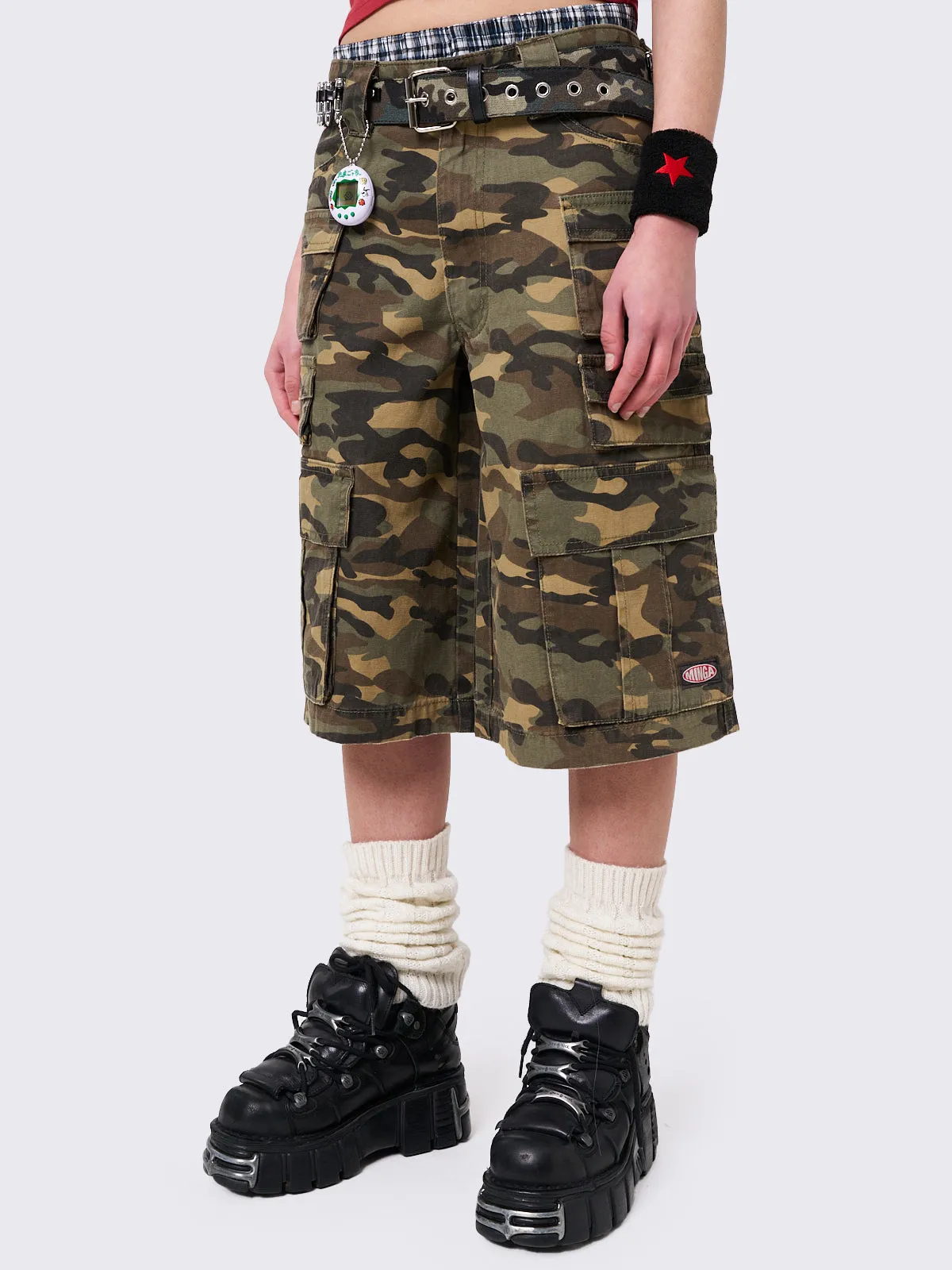 Stereo Camo Multi Pocket Long Cargo Shorts
