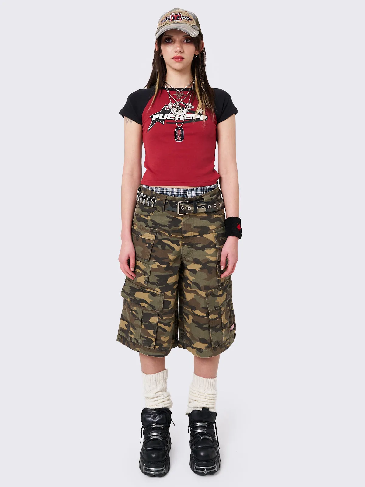 Stereo Camo Multi Pocket Long Cargo Shorts
