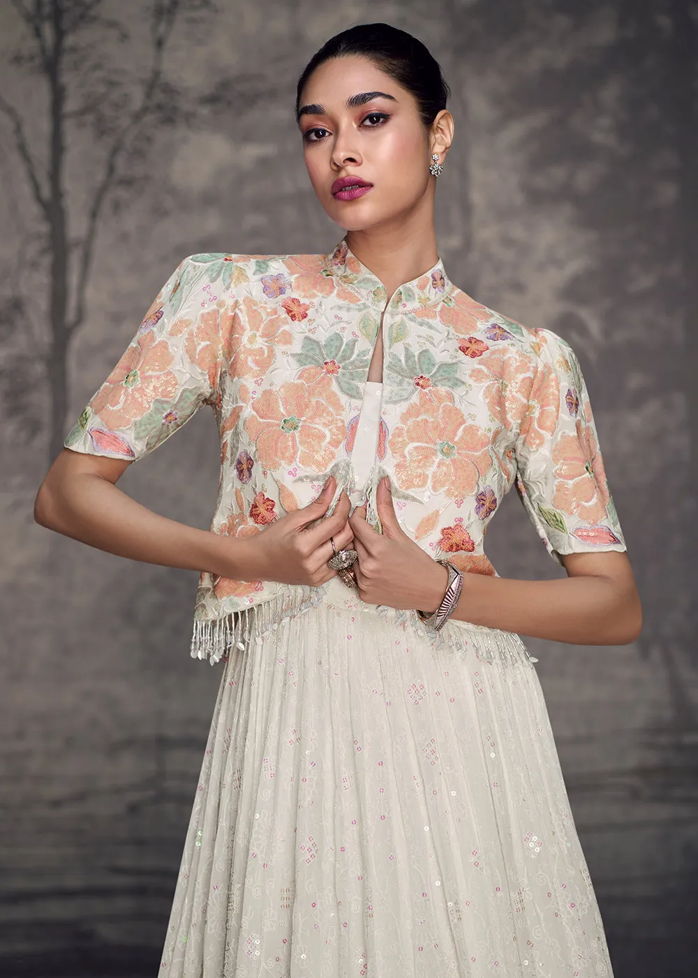 White Lucknowi Style Wedding Festive Anarkali Gown
