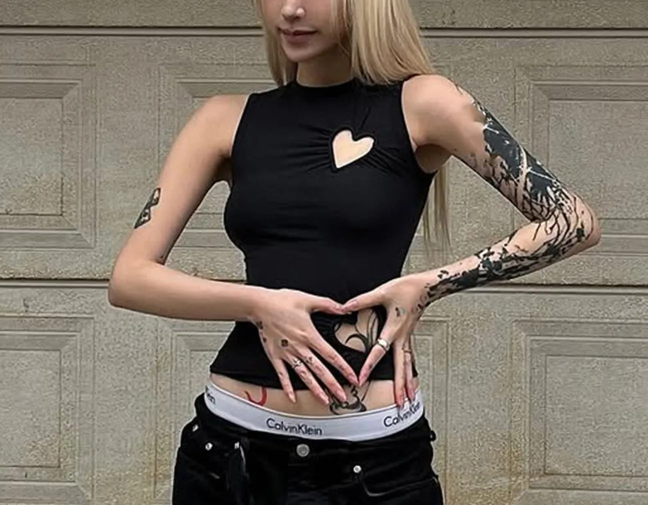 Women Y2k Love Heart Cut Out Ruched Crop Tank Tops Tight Fitted Crewneck Asymmetrical Vest Clean Girls Coquette