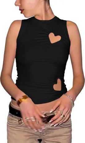 Women Y2k Love Heart Cut Out Ruched Crop Tank Tops Tight Fitted Crewneck Asymmetrical Vest Clean Girls Coquette