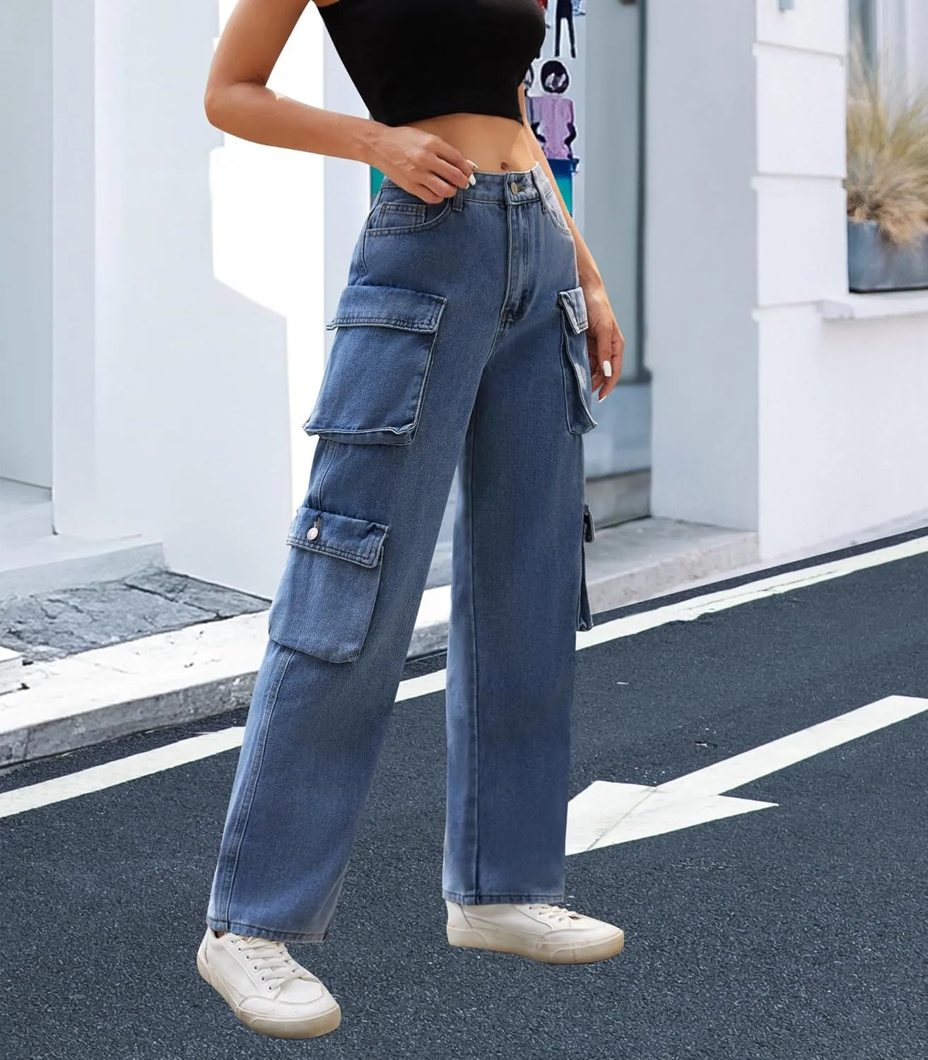 Womens Cargo Pants High Waisted Wide Leg Casual Pants Baggy Y2k Trousers with 8 Pockets