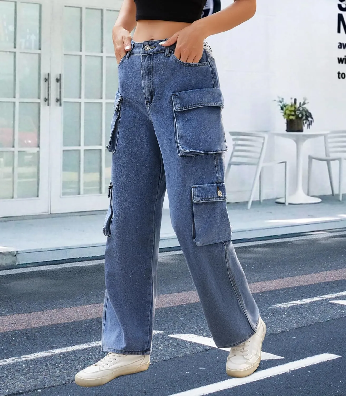 Womens Cargo Pants High Waisted Wide Leg Casual Pants Baggy Y2k Trousers with 8 Pockets