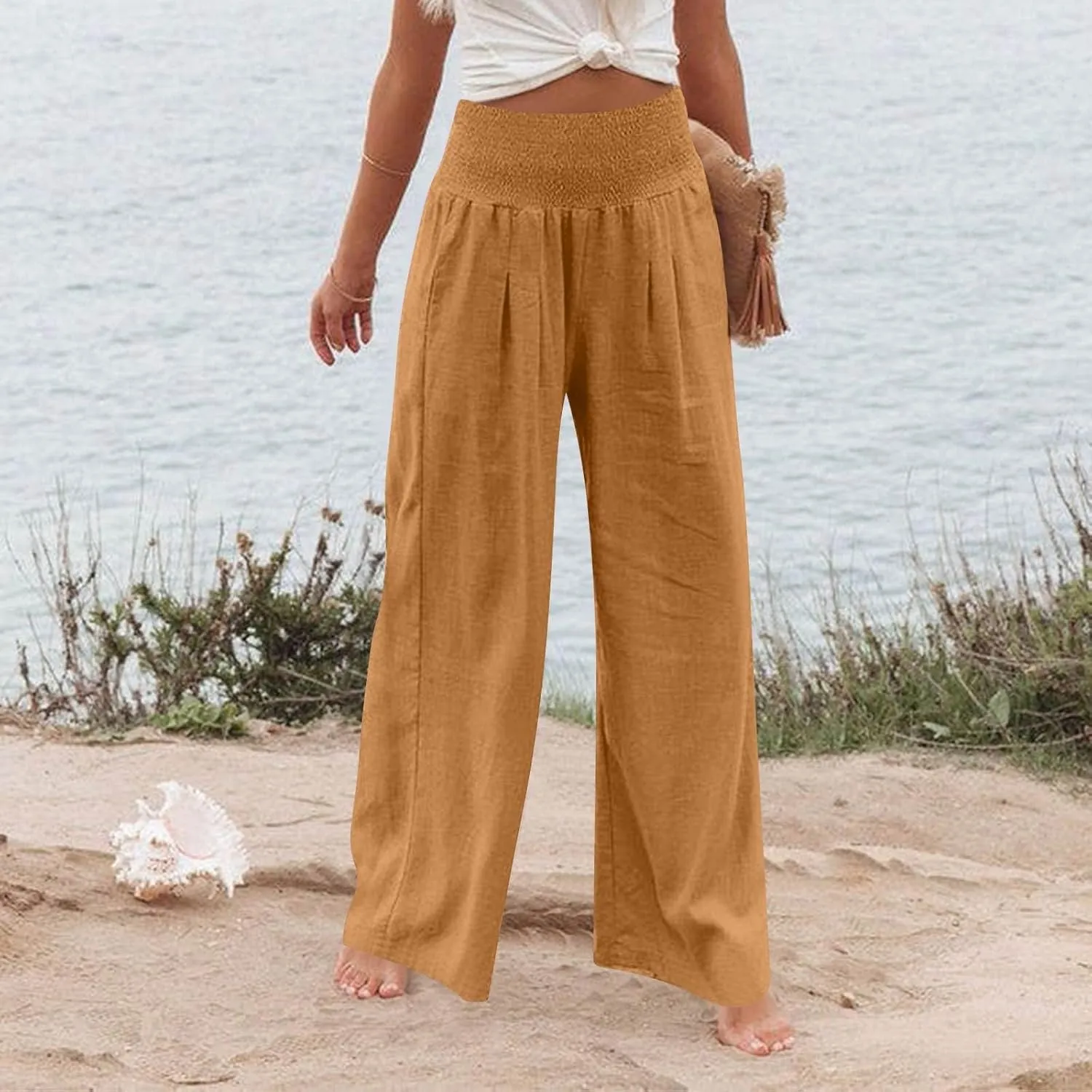 Women's Casual Straight Leg Solid Color High Waist Pocket Dressy Loose Fit Fashion Pants