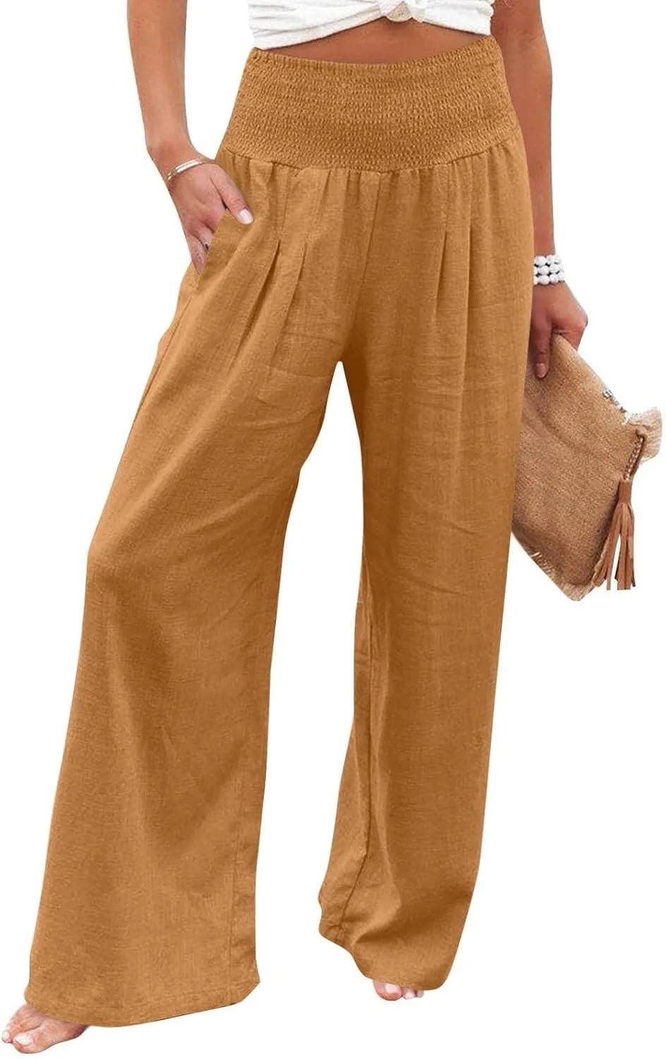 Women's Casual Straight Leg Solid Color High Waist Pocket Dressy Loose Fit Fashion Pants
