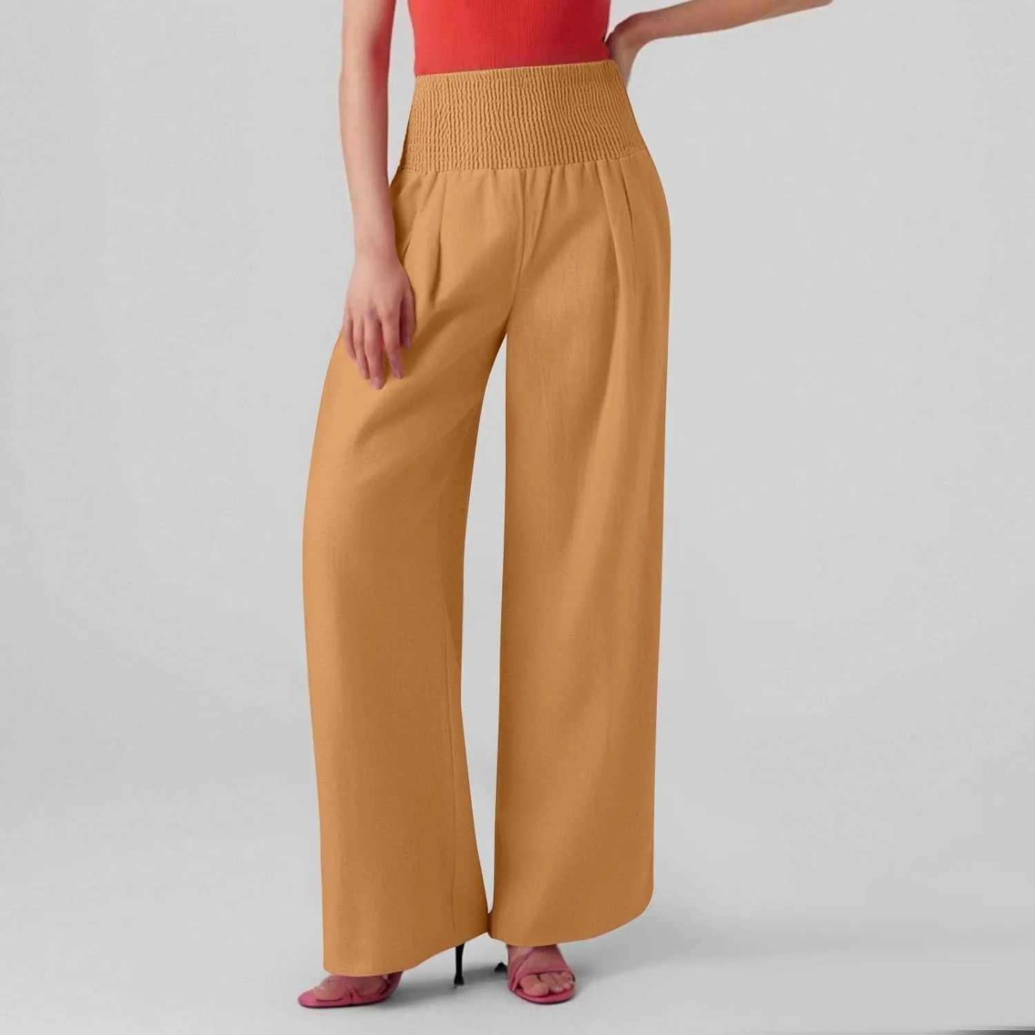 Women's Casual Straight Leg Solid Color High Waist Pocket Dressy Loose Fit Fashion Pants