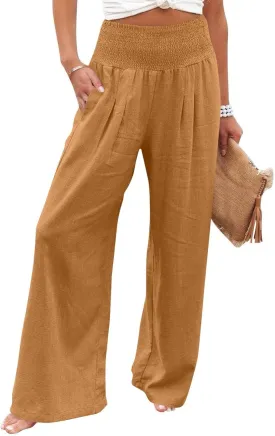 Women's Casual Straight Leg Solid Color High Waist Pocket Dressy Loose Fit Fashion Pants