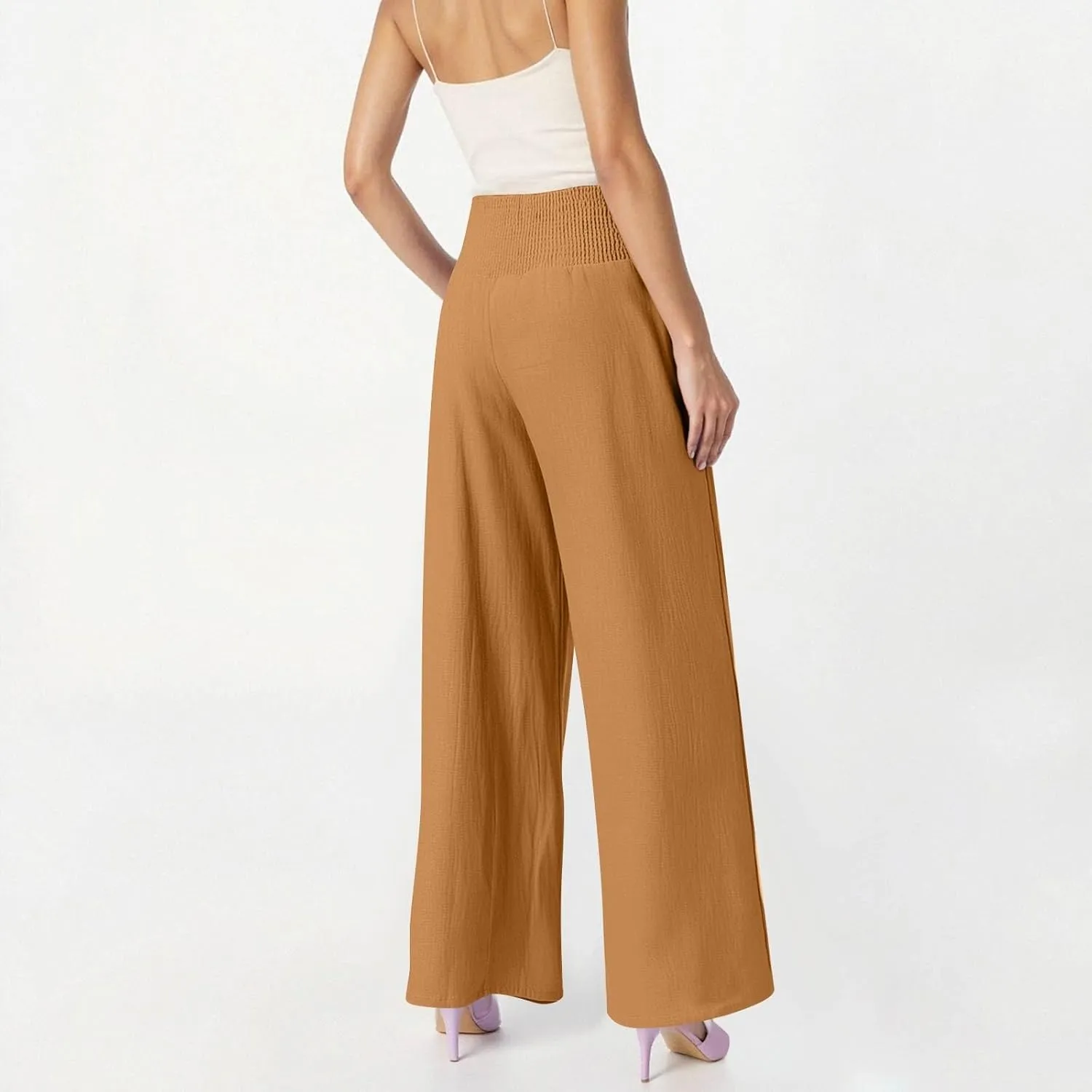 Women's Casual Straight Leg Solid Color High Waist Pocket Dressy Loose Fit Fashion Pants