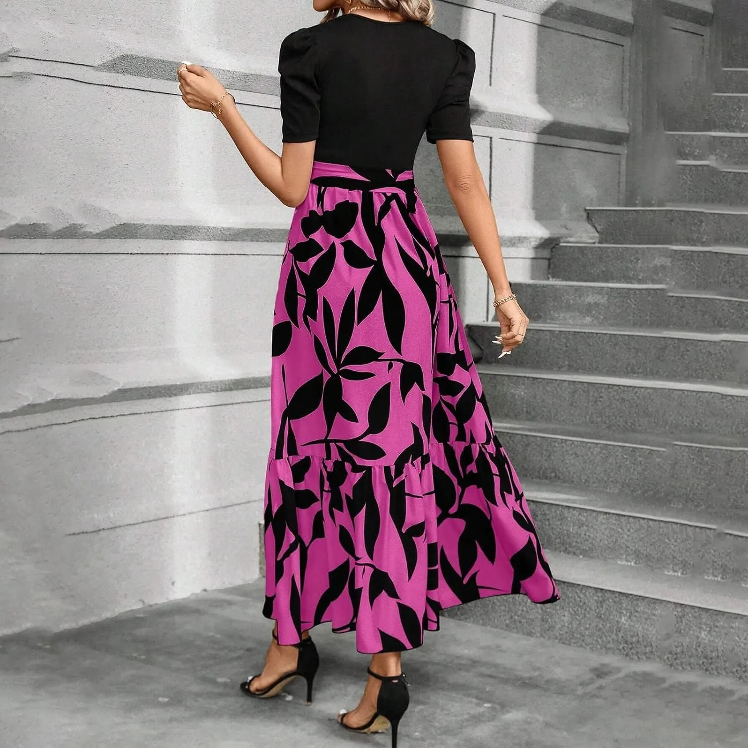 Womens Maxi Floral Dresses 2025 Elegant Boho Patchwork Empire Waist Tie Belted Short Sleeve Wedding Guest Long Dress