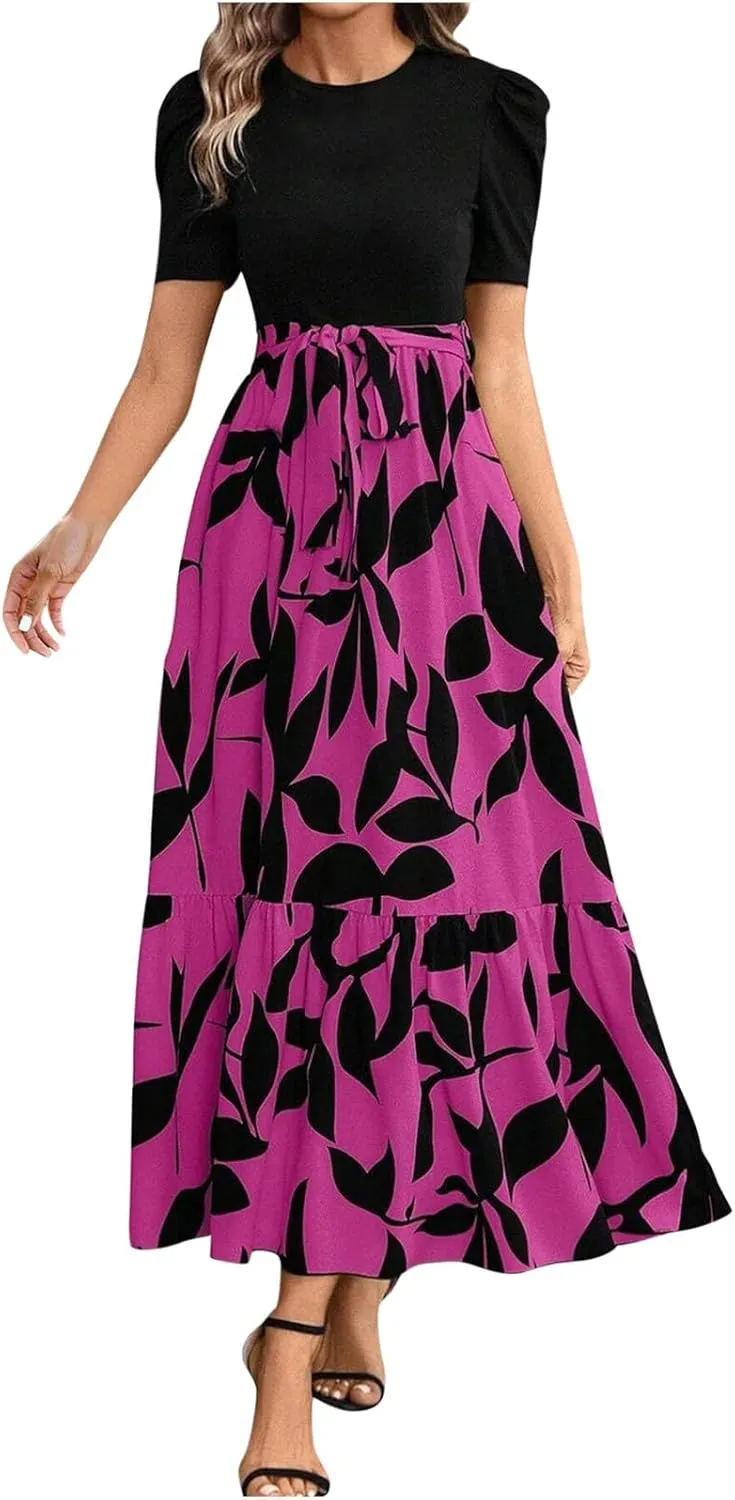 Womens Maxi Floral Dresses 2025 Elegant Boho Patchwork Empire Waist Tie Belted Short Sleeve Wedding Guest Long Dress