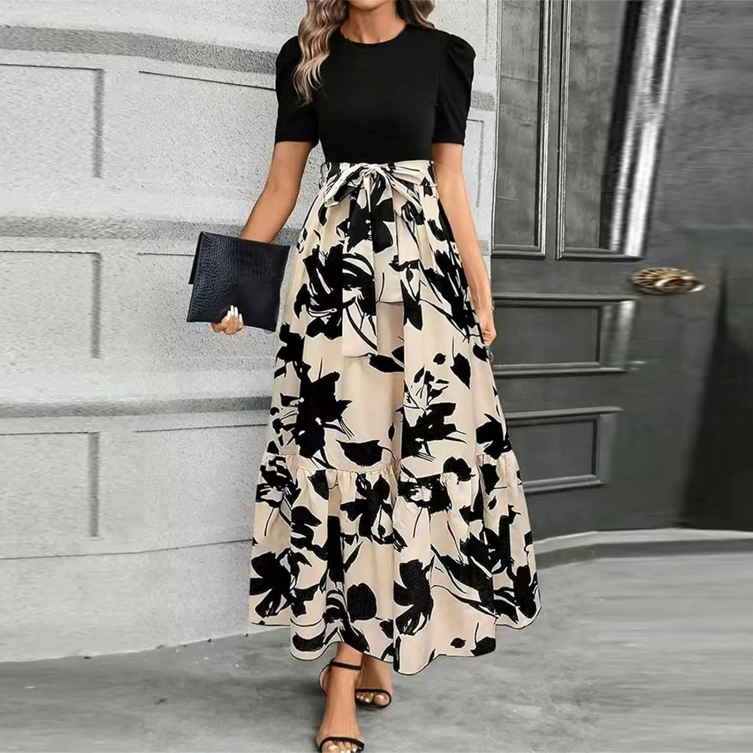 Womens Maxi Floral Dresses 2025 Elegant Boho Patchwork Empire Waist Tie Belted Short Sleeve Wedding Guest Long Dress