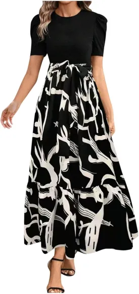 Womens Maxi Floral Dresses 2025 Elegant Boho Patchwork Empire Waist Tie Belted Short Sleeve Wedding Guest Long Dress