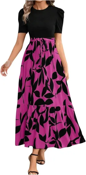 Womens Maxi Floral Dresses 2025 Elegant Boho Patchwork Empire Waist Tie Belted Short Sleeve Wedding Guest Long Dress