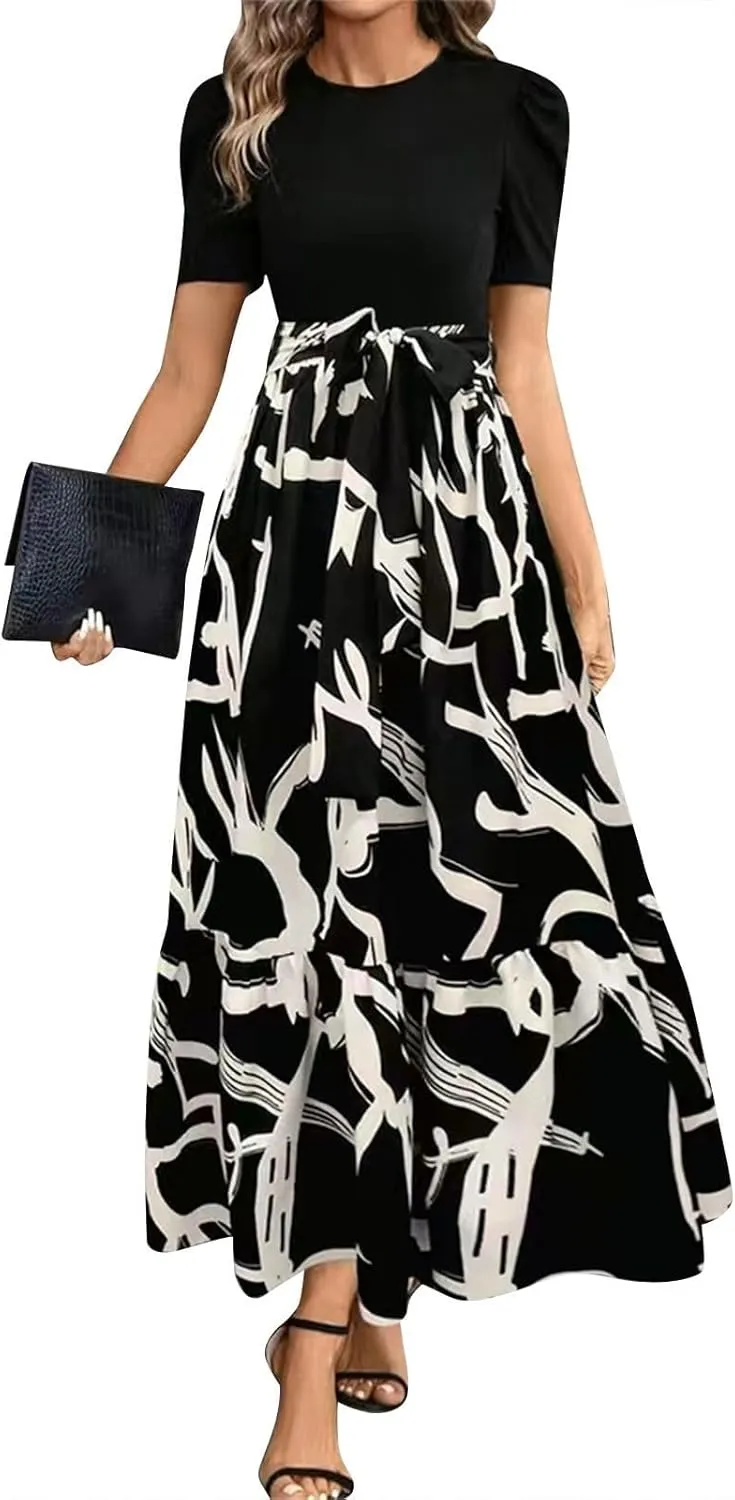 Womens Maxi Floral Dresses 2025 Elegant Boho Patchwork Empire Waist Tie Belted Short Sleeve Wedding Guest Long Dress