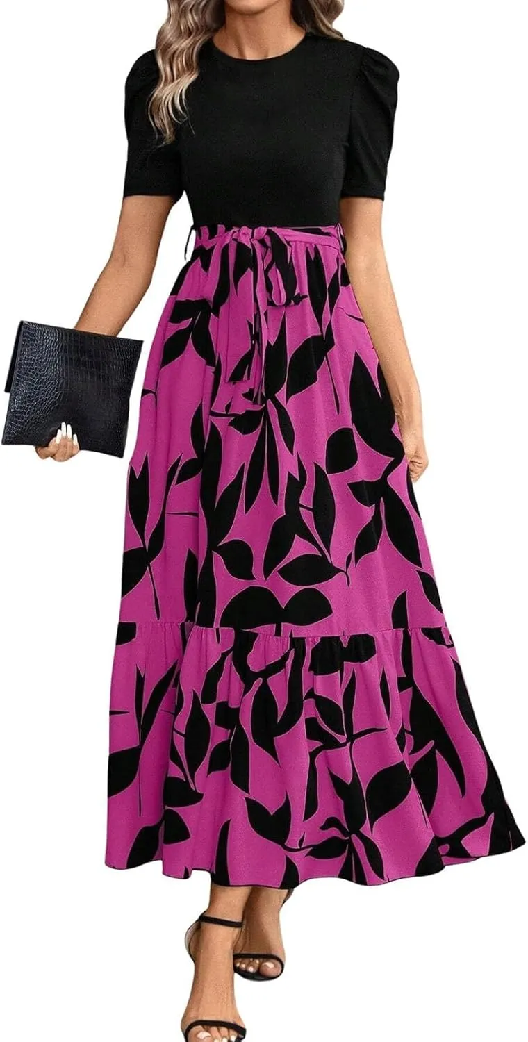 Womens Maxi Floral Dresses 2025 Elegant Boho Patchwork Empire Waist Tie Belted Short Sleeve Wedding Guest Long Dress