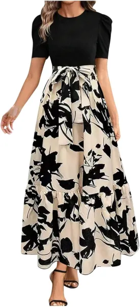 Womens Maxi Floral Dresses 2025 Elegant Boho Patchwork Empire Waist Tie Belted Short Sleeve Wedding Guest Long Dress