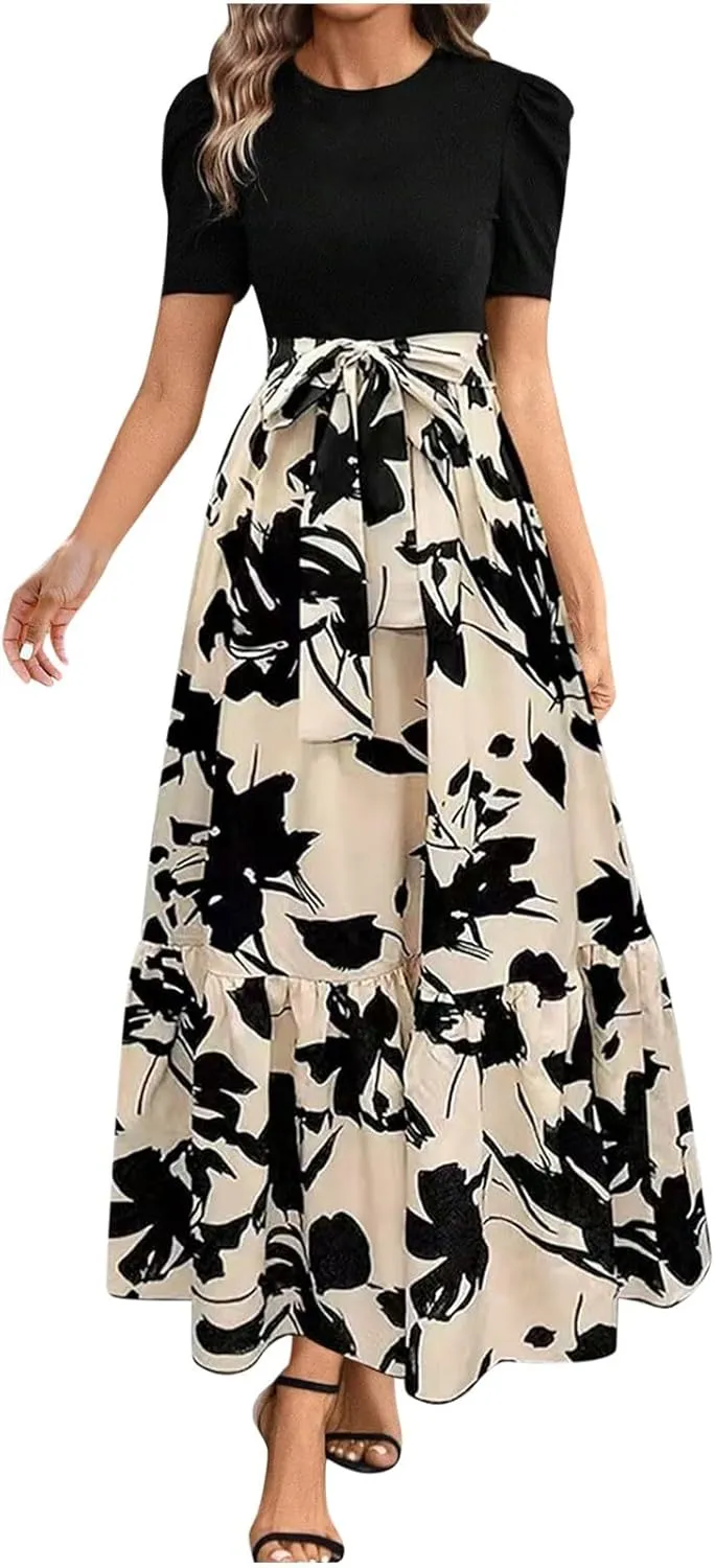 Womens Maxi Floral Dresses 2025 Elegant Boho Patchwork Empire Waist Tie Belted Short Sleeve Wedding Guest Long Dress