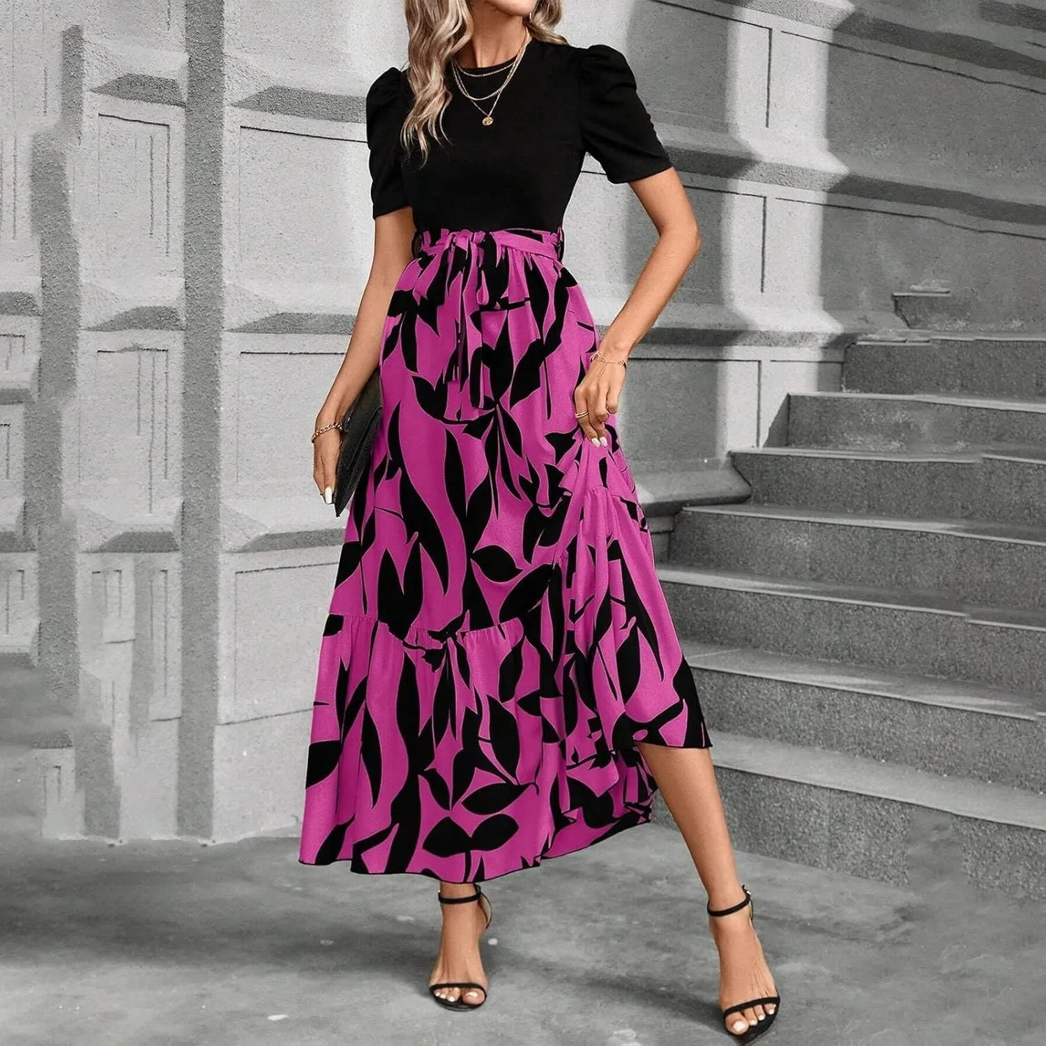 Womens Maxi Floral Dresses 2025 Elegant Boho Patchwork Empire Waist Tie Belted Short Sleeve Wedding Guest Long Dress
