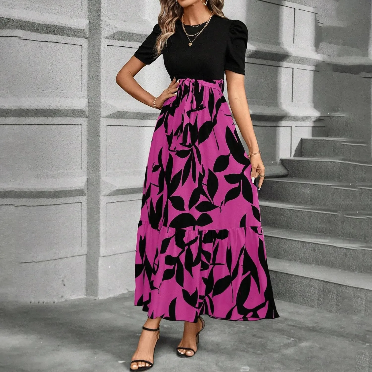 Womens Maxi Floral Dresses 2025 Elegant Boho Patchwork Empire Waist Tie Belted Short Sleeve Wedding Guest Long Dress