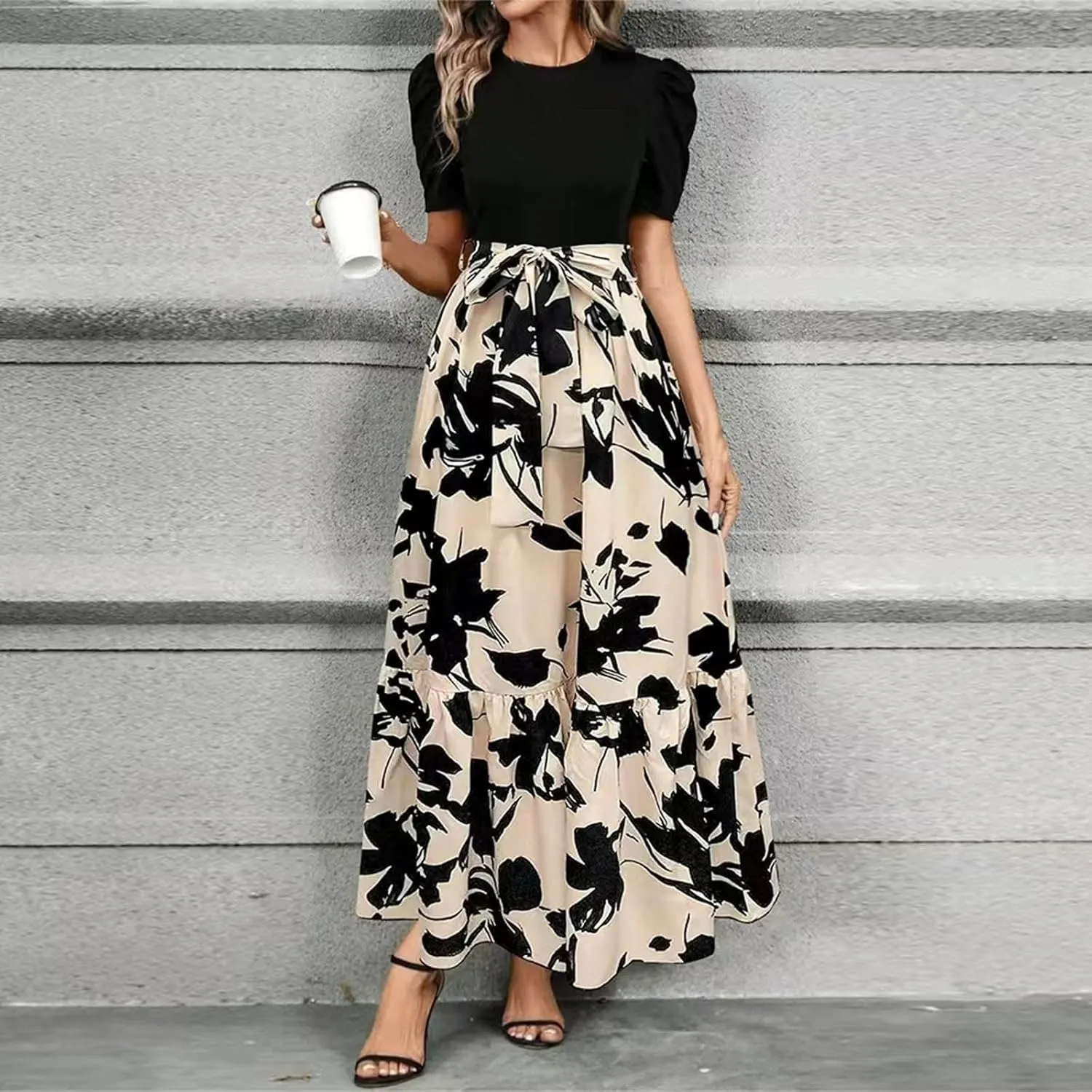 Womens Maxi Floral Dresses 2025 Elegant Boho Patchwork Empire Waist Tie Belted Short Sleeve Wedding Guest Long Dress