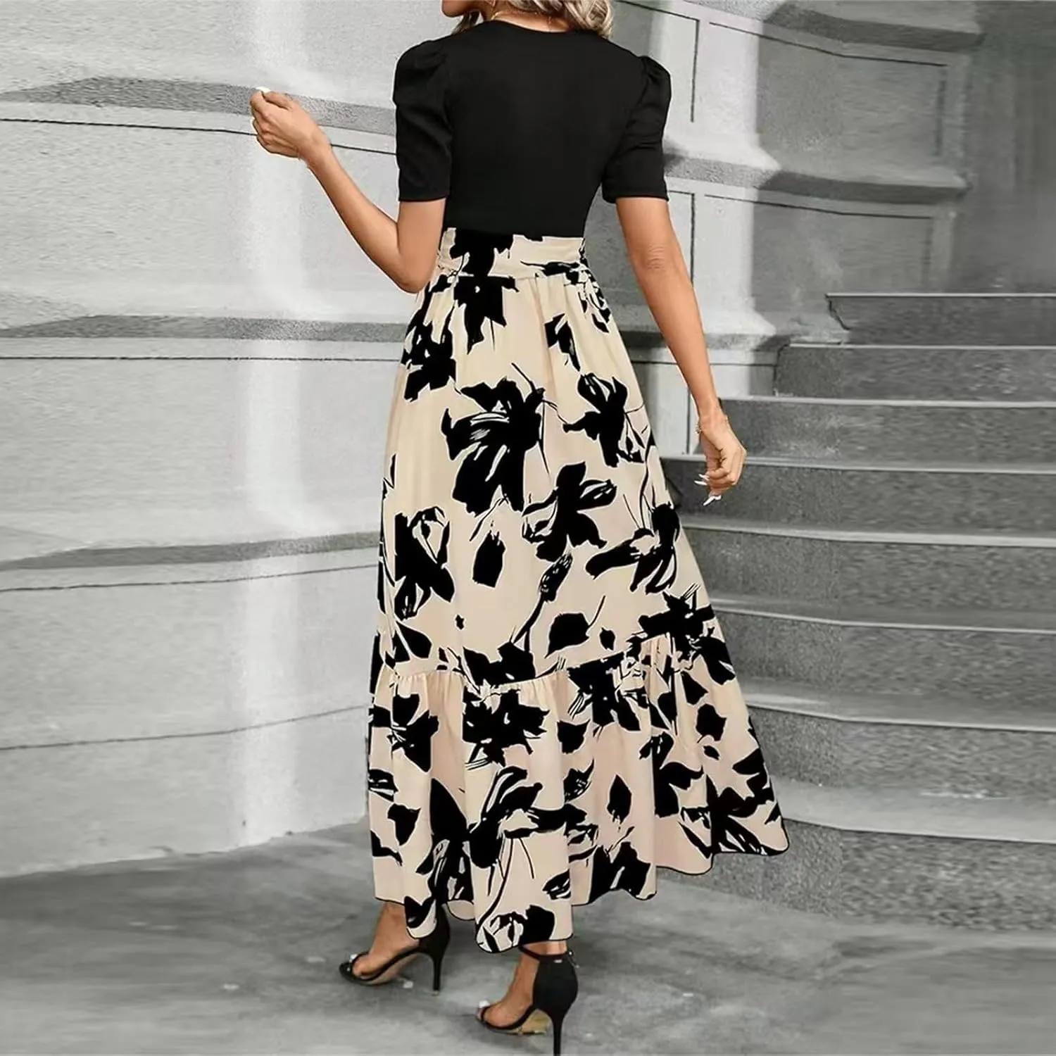 Womens Maxi Floral Dresses 2025 Elegant Boho Patchwork Empire Waist Tie Belted Short Sleeve Wedding Guest Long Dress