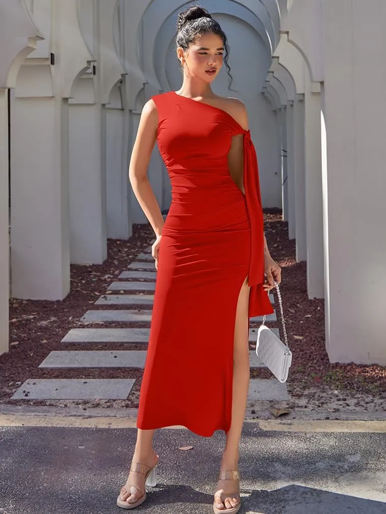 XXTAXN Women's Sexy Formal Off Shoulder Prom Wedding Guest Ruched Tie High Split Bodycon Maxi Dress