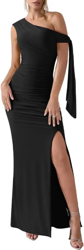 XXTAXN Women's Sexy Formal Off Shoulder Prom Wedding Guest Ruched Tie High Split Bodycon Maxi Dress