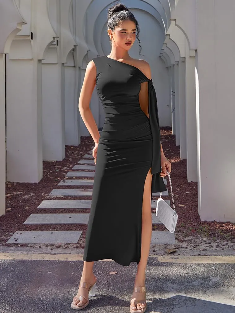 XXTAXN Women's Sexy Formal Off Shoulder Prom Wedding Guest Ruched Tie High Split Bodycon Maxi Dress
